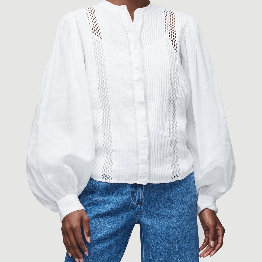 FRAME Lace button down top with puff sleev…